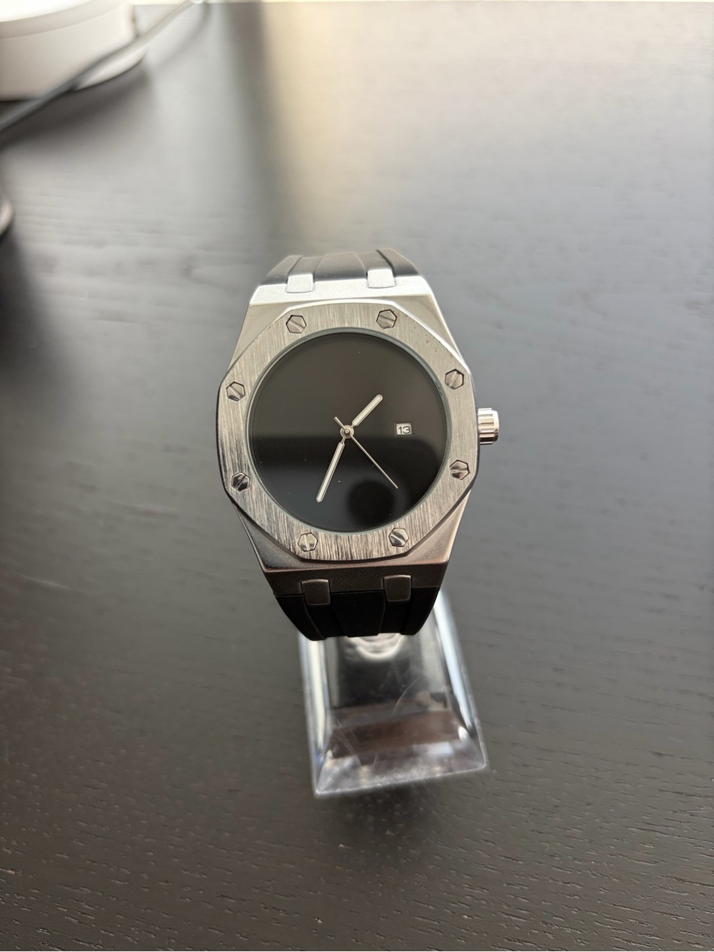 Minimalist Black Dial Royal Oak Style Watch with Rubber strap